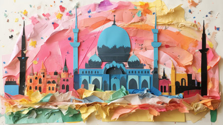 Mosque made of colored paper with crumpled paper on white backgroundの素材