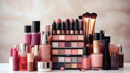Makeup products on white table against blurred background. Beauty and fashion conceptの素材