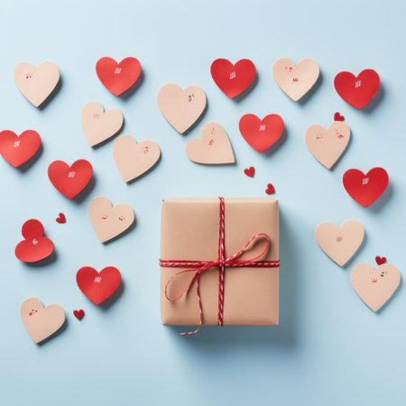 Valentine's day background with hearts and gift box on blue backgroundの素材