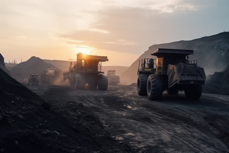 Coal mining in an open pit at sunset. Heavy machinery working in a coal mine.の素材