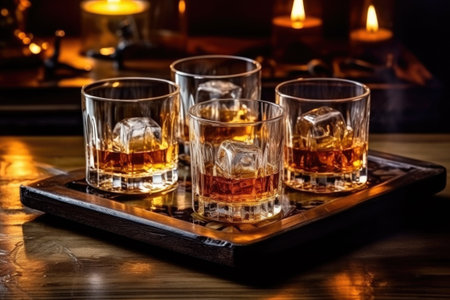 Two glasses of whiskey with ice on a wooden tray on a dark backgroundの素材