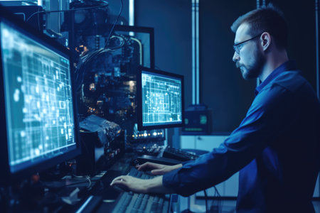 Side view of man in blue shirt and glasses working on computer in server roomの素材