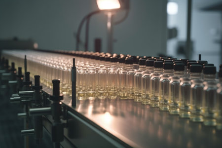 Glass bottles on the conveyor belt in the factory. Pharmaceutical industry.の素材