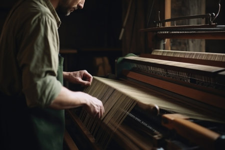 Old loom in the hands of a craftsman. Close-up.の素材