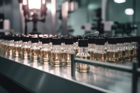Production line of the chemical factory. Cylindrical bottles with yellow liquid. Industrial backgroundの素材
