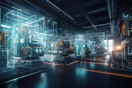 3D rendering of a futuristic background of a factory with a luminous hologramの素材