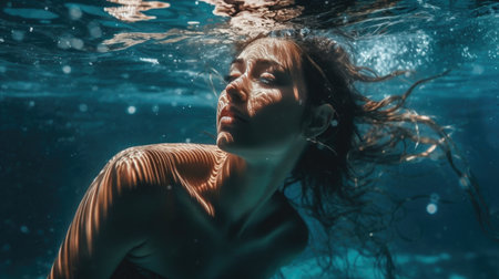 Beautiful girl swimming underwater in the ocean. Underwater portrait of a beautiful woman.の素材