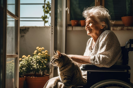 Portrait of senior woman sitting in wheelchair and looking at her catの素材