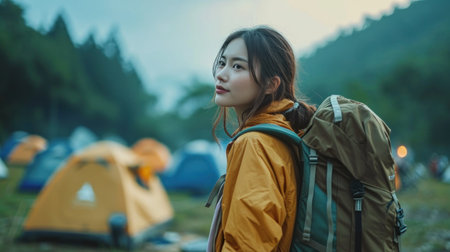 young asian woman backpacker hiking at mountain peak, travel and camping conceptの素材