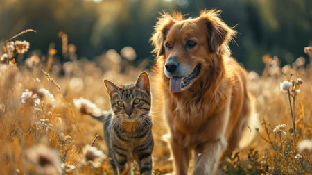 Cat and dog together in the field at sunset. Golden Retriever and cat together in the field.の素材