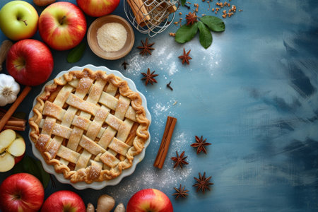 Homemade apple pie with cinnamon and apples on a blue wooden backgroundの素材