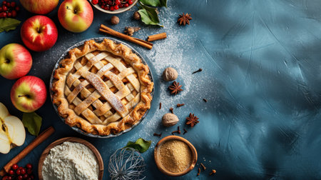 Traditional apple pie with ingredients on blue background. Top view, copy spaceの素材
