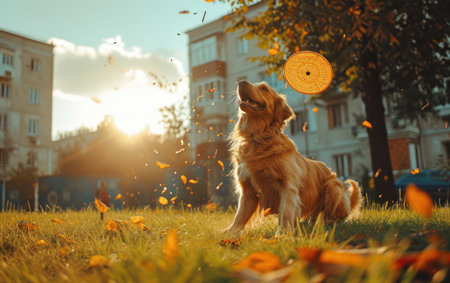 Golden Retriever dog playing with a ball in the autumn parkの素材