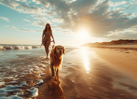 Beautiful young woman walking with her dog on the beach at sunsetの素材