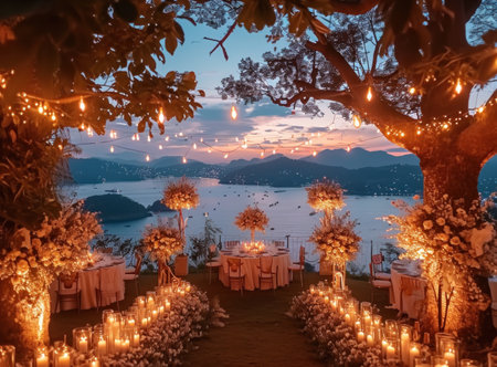 Wedding ceremony on the beach in the evening. Wedding decorationsの素材