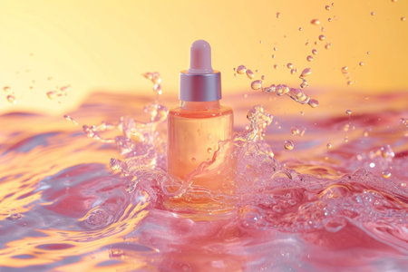 Dropper bottle with pipette on splashing water and orange backgroundの素材