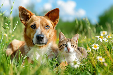 Cat and dog together in the green grass on a sunny summer dayの素材