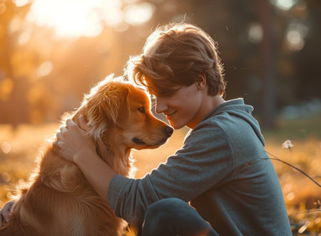 Young boy with golden retriever dog in autumn park at sunset.の素材