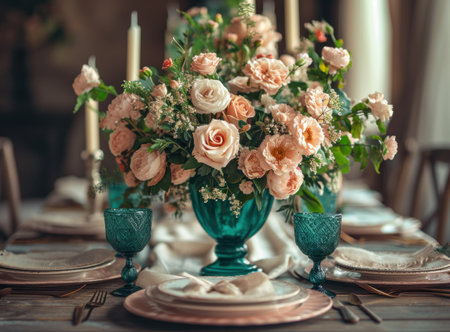 Beautiful table setting in rustic style with vintage cutlery and flowersの素材