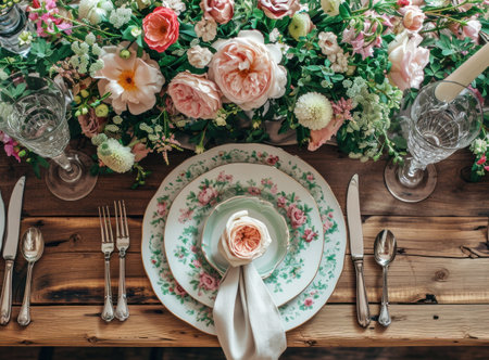 Beautiful table setting with roses and cutlery on wooden backgroundの素材