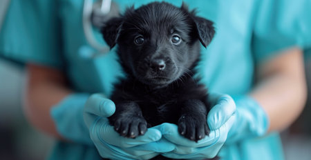 Cute black puppy in the hands of a veterinarian, close-upの素材