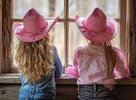 Two little girls in cowboy hats looking out the window. Back view.の素材