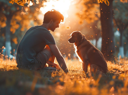 Young man playing with his dog in the autumn park at sunset.の素材