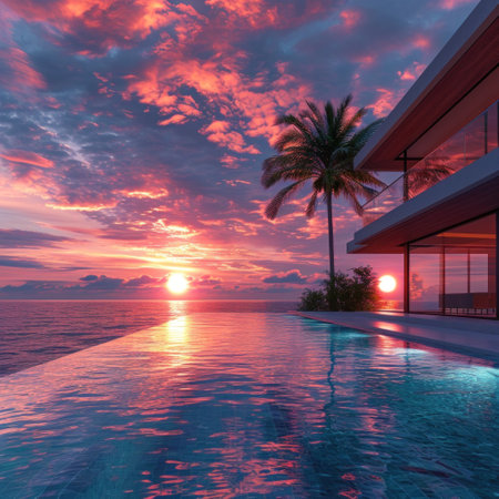Swimming pool in luxury villa on the beach at beautiful sunsetの素材
