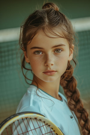 portrait of a girl with a racket on a tennis court.の素材
