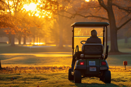 Golf cart on a golf course in the early morning light.の素材