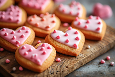 Heart shaped cookies with pink icing on a wooden board, closeup. Valentine's Day.の素材