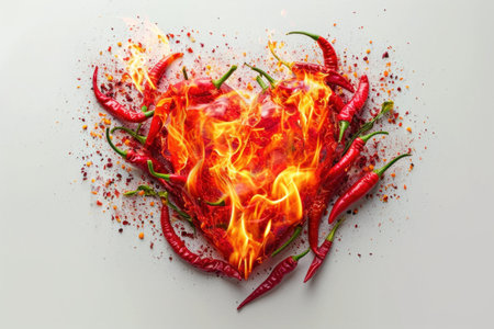 Burning hot chili peppers in the shape of a heart on a white backgroundの素材
