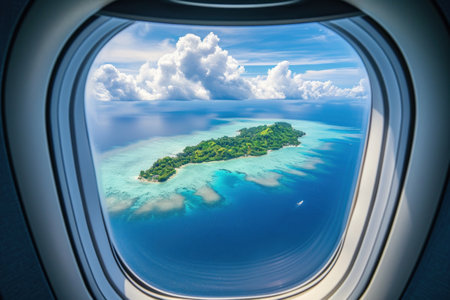 View from the airplane window on a tropical island in the Maldivesの素材