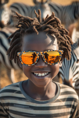 Portrait of smiling African child in sunglasses with zebras in backgroundの素材