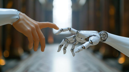 Robot hand touching human hand, artificial intelligence and machine learning conceptの素材