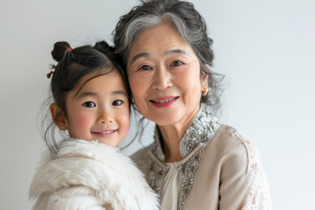 Portrait of asian grandmother and granddaughter smiling on white background.の素材