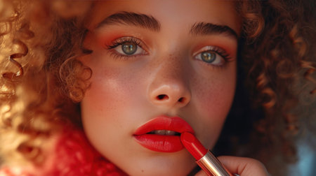 Close-up portrait of a beautiful young woman applying red lipstick.の素材