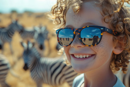 Child in the desert with zebras. Selective focus.の素材