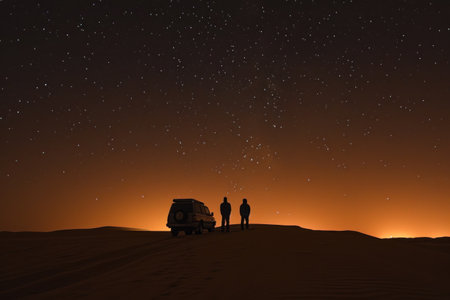 Silhouette of people and camper in the desert at nightの素材