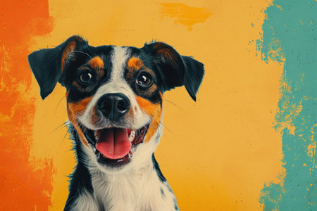 Portrait of a happy Jack Russell Terrier on an orange backgroundの素材