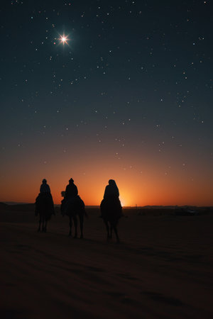 Camel caravan in the Sahara desert at night, Morocco, Africaの素材