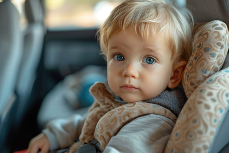 Adorable baby boy sitting in car seat. Child safety concept.の素材