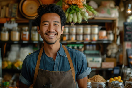 Portrait of happy Asian man in apron smiling at camera while standing in front of grocery storeの素材