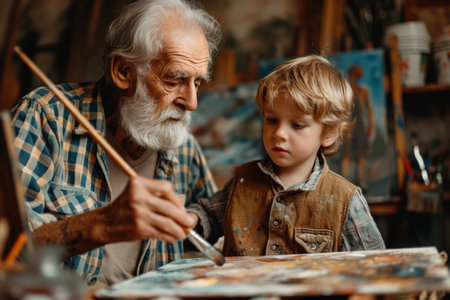 Portrait of an old man and his grandson painting on canvas.の素材