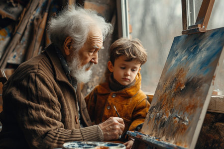 Elderly man and his grandson are painting on canvas outdoors.の素材