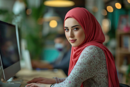 Portrait of young muslim businesswoman wearing hijab working on computer in officeの素材