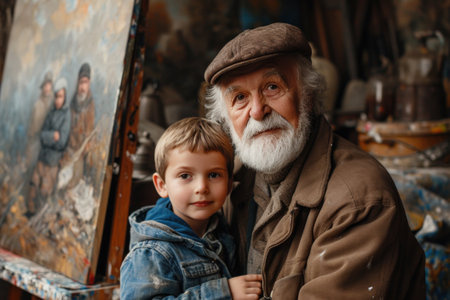 Grandfather and grandson in an art studio. Portrait of an old man and his grandson.の素材
