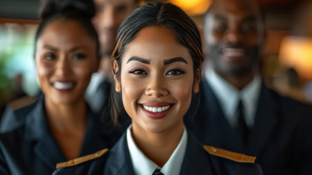 Portrait of a smiling young African-American businesswoman with colleagues in backgroundの素材