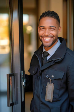 Portrait of a smiling young African American man opening the door of a hotelの素材