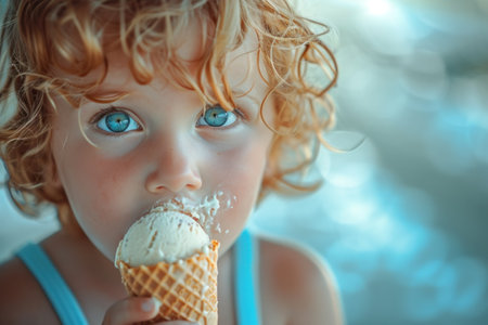 Cute little girl eating ice cream on a sunny summer day.の素材